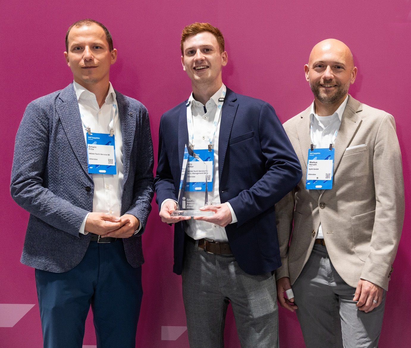 De gauche à droite : Ortwin Frille (employé gestion des processus Mewa), Eric Rissler (chef de projet projets d'application Mewa), Markus Horvath (Sybit GmbH). (Photo : © SAP)